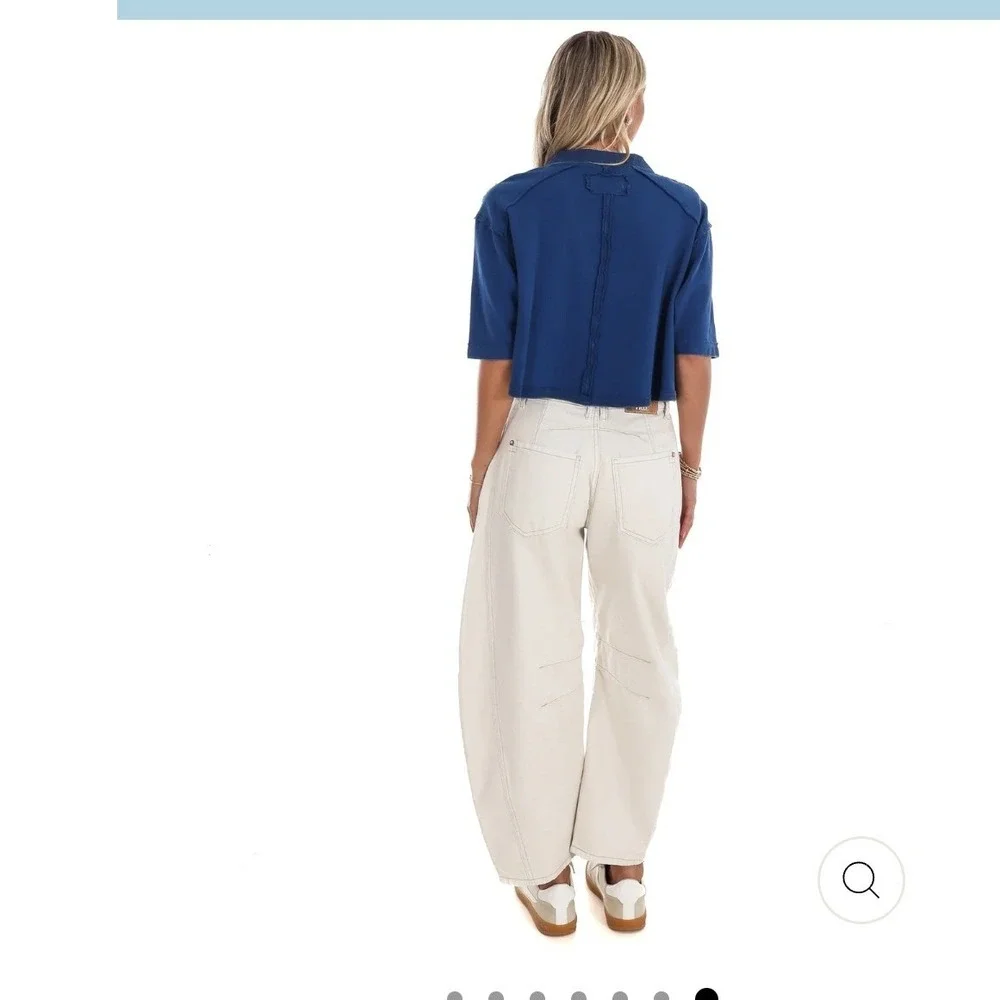 We The Free Free People Cropped Polo Shirt Blue Waffle‎ Knit Boxy Top L